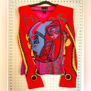 Custo Barcelona | Graphic Top | Crochet Sleeve | Large